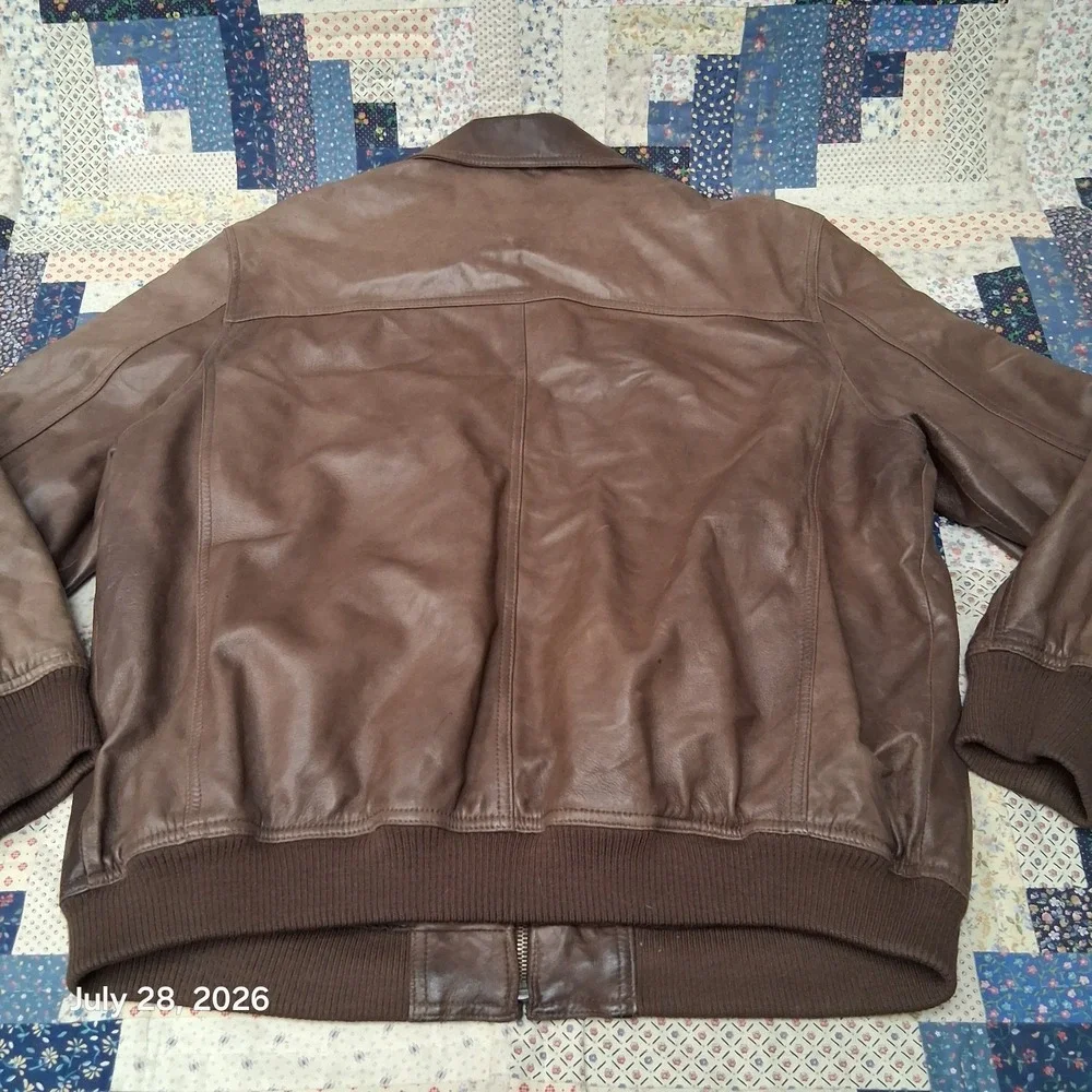 Tasso Elba Mens XL Brown Leather Bomber Jacket Full Zip Ribbed Waist Y2K Lined